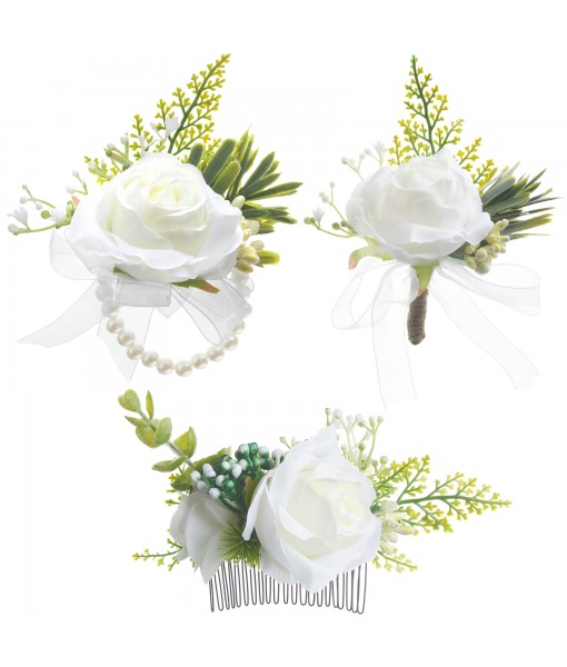 Revspoir Boutonniere for Men for Wedding, Set of 3 Corsage Wristlet Boutonniere for Wedding Ceremony Anniversary Formal Dinner Party