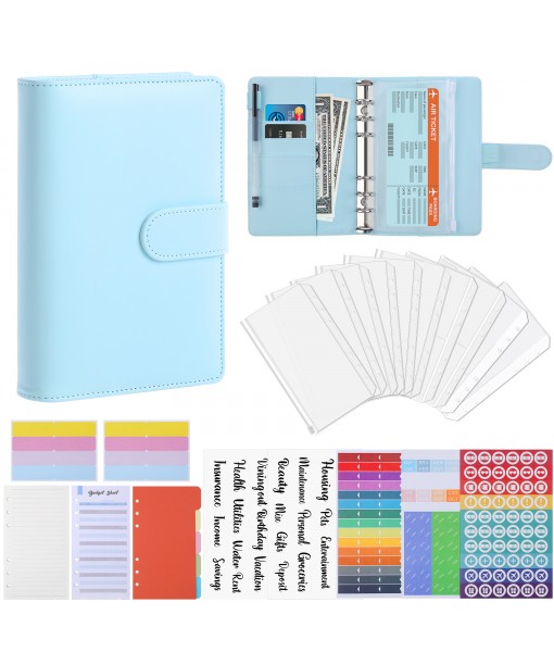 Revspoir Ring Binder 80-in-1 Set, Leather Notebook Budget Binder for Budget Money, with Clear Cash Envelopes, Budget Sheets and Label Stickers, Cash Organizer, Ideal for Travel or Work (Blue)