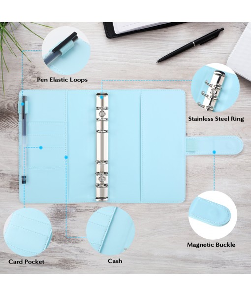 Revspoir Ring Binder 80-in-1 Set, Leather Notebook Budget Binder for Budget Money, with Clear Cash Envelopes, Budget Sheets and Label Stickers, Cash Organizer, Ideal for Travel or Work (Blue)