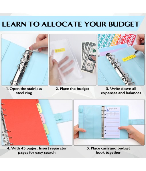 Revspoir Ring Binder 80-in-1 Set, Leather Notebook Budget Binder for Budget Money, with Clear Cash Envelopes, Budget Sheets and Label Stickers, Cash Organizer, Ideal for Travel or Work (Blue)