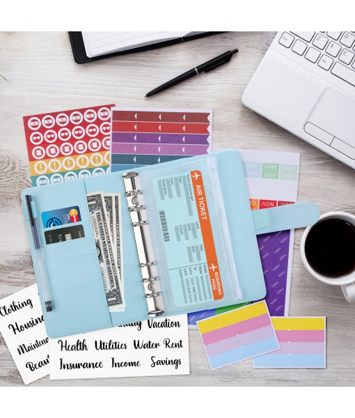 Revspoir Ring Binder 80-in-1 Set, Leather Notebook Budget Binder for Budget Money, with Clear Cash Envelopes, Budget Sheets and Label Stickers, Cash Organizer, Ideal for Travel or Work (Blue)