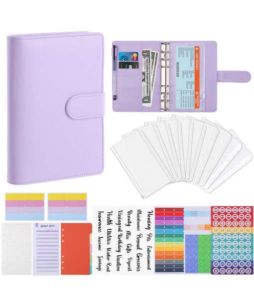 Revspoir Ring Binder 80-in-1 Set, Leather Notebook Budget Binder for Budget Money, with Clear Cash Envelopes, Budget Sheets and Label Stickers, Cash Organizer, Ideal for Travel or Work (Violet)