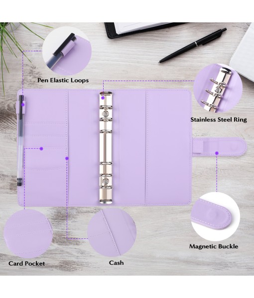 Revspoir Ring Binder 80-in-1 Set, Leather Notebook Budget Binder for Budget Money, with Clear Cash Envelopes, Budget Sheets and Label Stickers, Cash Organizer, Ideal for Travel or Work (Violet)
