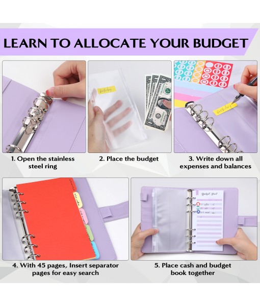 Revspoir Ring Binder 80-in-1 Set, Leather Notebook Budget Binder for Budget Money, with Clear Cash Envelopes, Budget Sheets and Label Stickers, Cash Organizer, Ideal for Travel or Work (Violet)