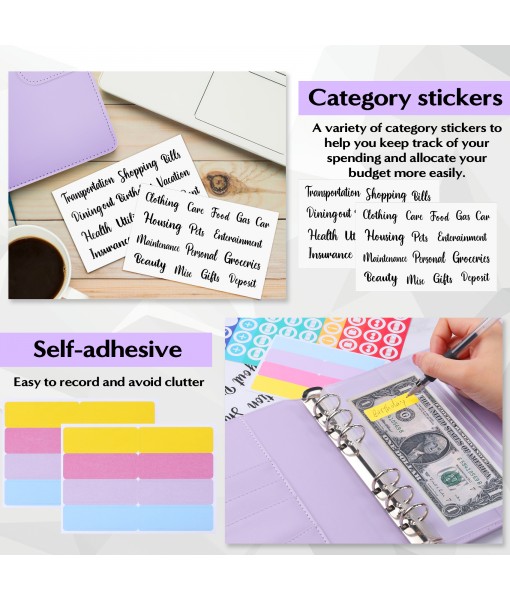 Revspoir Ring Binder 80-in-1 Set, Leather Notebook Budget Binder for Budget Money, with Clear Cash Envelopes, Budget Sheets and Label Stickers, Cash Organizer, Ideal for Travel or Work (Violet)