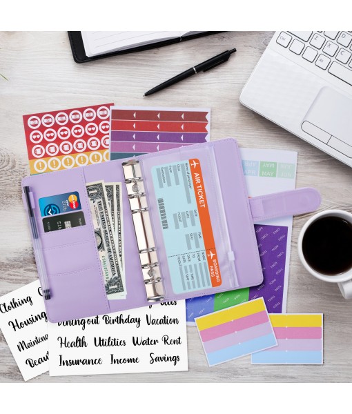 Revspoir Ring Binder 80-in-1 Set, Leather Notebook Budget Binder for Budget Money, with Clear Cash Envelopes, Budget Sheets and Label Stickers, Cash Organizer, Ideal for Travel or Work (Violet)