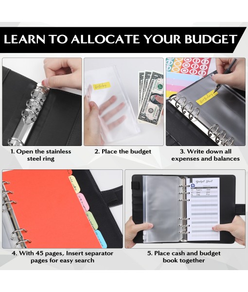 Revspoir Ring Binder 80-in-1 Set, Leather Notebook Budget Binder for Budget Money, with Clear Cash Envelopes, Budget Sheets and Label Stickers, Cash Organizer, Ideal for Travel or Work (Black)