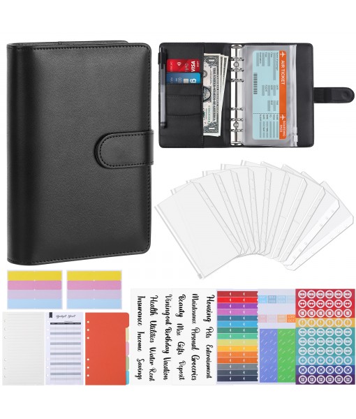 Revspoir Ring Binder 80-in-1 Set, Leather Notebook Budget Binder for Budget Money, with Clear Cash Envelopes, Budget Sheets and Label Stickers, Cash Organizer, Ideal for Travel or Work (Black)