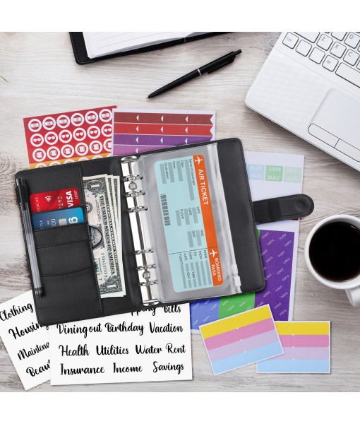 Revspoir Ring Binder 80-in-1 Set, Leather Notebook Budget Binder for Budget Money, with Clear Cash Envelopes, Budget Sheets and Label Stickers, Cash Organizer, Ideal for Travel or Work (Black)