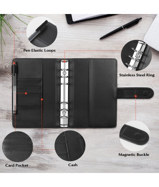 Revspoir Ring Binder 80-in-1 Set, Leather Notebook Budget Binder for Budget Money, with Clear Cash Envelopes, Budget Sheets and Label Stickers, Cash Organizer, Ideal for Travel or Work (Black)