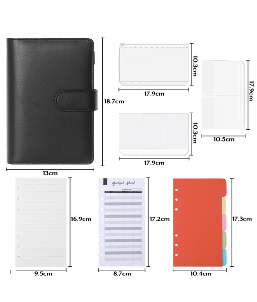 Revspoir Ring Binder 80-in-1 Set, Leather Notebook Budget Binder for Budget Money, with Clear Cash Envelopes, Budget Sheets and Label Stickers, Cash Organizer, Ideal for Travel or Work (Black)