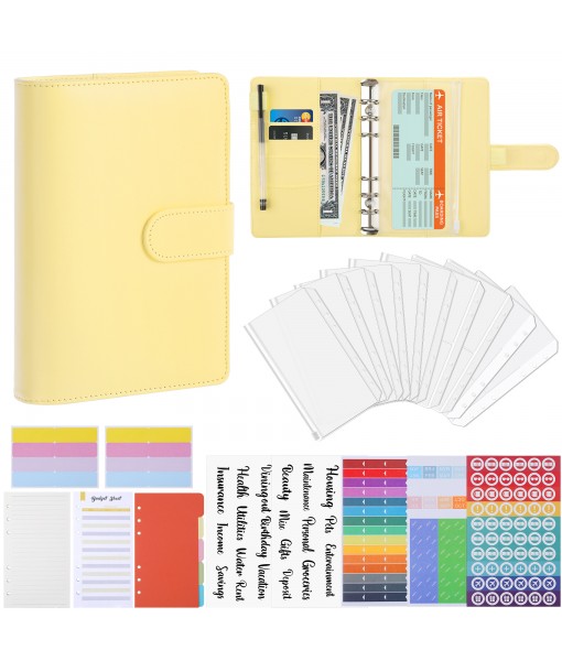 Revspoir Ring Binder 80-in-1 Set, Leather Notebook Budget Binder for Budget Money, with Clear Cash Envelopes, Budget Sheets and Label Stickers, Cash Organizer, Ideal for Travel or Work (Yellow)