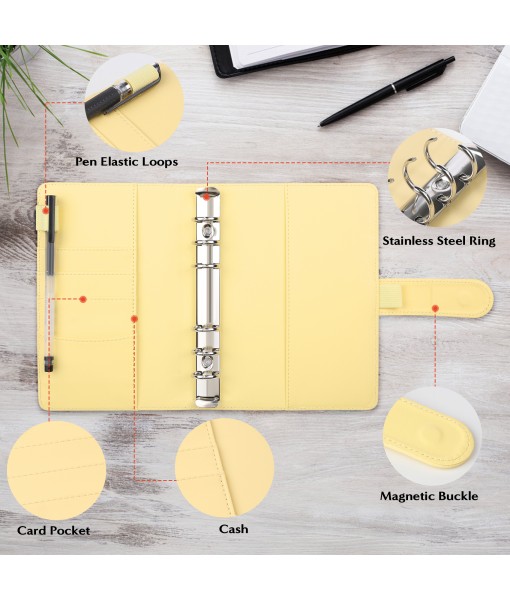 Revspoir Ring Binder 80-in-1 Set, Leather Notebook Budget Binder for Budget Money, with Clear Cash Envelopes, Budget Sheets and Label Stickers, Cash Organizer, Ideal for Travel or Work (Yellow)