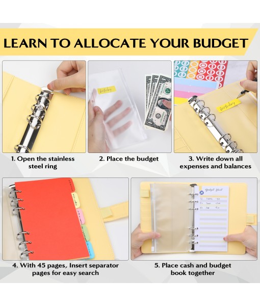 Revspoir Ring Binder 80-in-1 Set, Leather Notebook Budget Binder for Budget Money, with Clear Cash Envelopes, Budget Sheets and Label Stickers, Cash Organizer, Ideal for Travel or Work (Yellow)