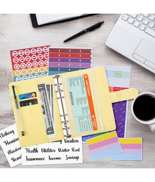 Revspoir Ring Binder 80-in-1 Set, Leather Notebook Budget Binder for Budget Money, with Clear Cash Envelopes, Budget Sheets and Label Stickers, Cash Organizer, Ideal for Travel or Work (Yellow)